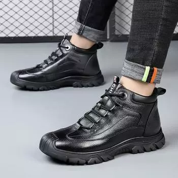 Модные классические теплые зимние ботинки для мужчин, плюшевые зимние хлопковые туфли, мужские повседневные водонепроницаемые высокие мужские ботинки, черные рабочие ботинки на шнуровке 38 чёрный