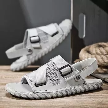 FashionComfy Arrival Men s Slippers New Hand-stitching Summer Sandals Dual-Purpose Male Beach Shoes Non-slip Open-toe Sandals Slippers 38 бежевый