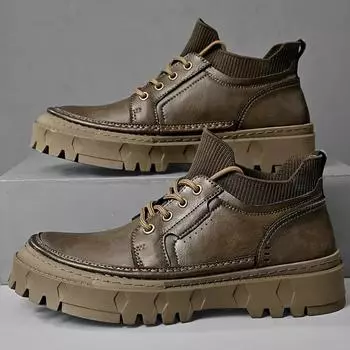 FashionDesigner Мужская обувь из натуральной кожи Модные высокие ботинки Зимние ботильоны Мужская рабочая обувь Толстая подошва Высокая обувь 38 чёрный