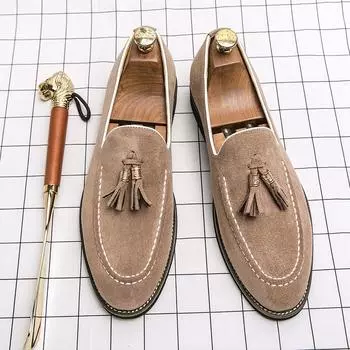 FashionFashion Brand Men s Tassel Suede Slip-on Leather Driving Shoes Designer Mens Moccasins Retro Pointed Banquet Social Shoes Male 38 бежевый