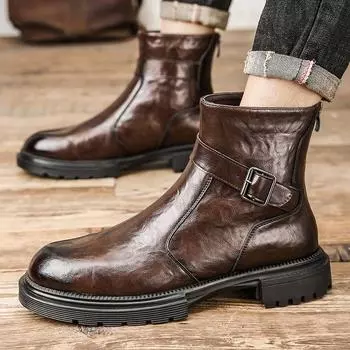 FashionFashion Кожаные ботинки Slip On Ботильоны на высоком каблуке для мужчин Повседневные ботинки Chelsea на платформе Мужская свадебная обувь Зима 38 чёрный