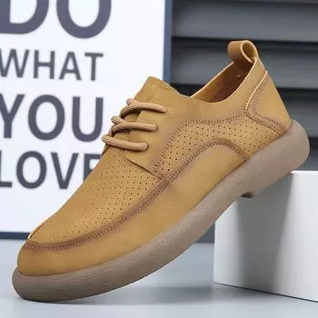 FashionFashion Men s Yellow/khaki Hollow Breathable Business Casual Leather Shoes Brand Men s Outdoor Comfortable Wear-resistant Shoes 38