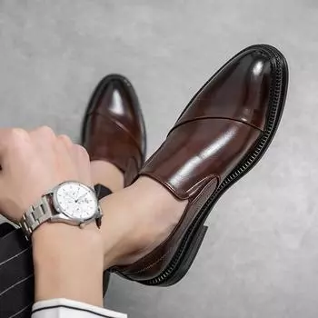 Модные туфли с острым носком для деловых людей, черные лоферы, кожаные туфли-оксфорды для мужчин, формальные свадебные туфли без застежек 38 чёрный