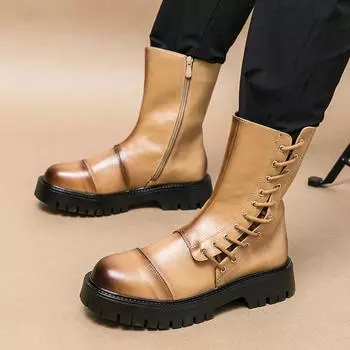 FashionFashion Street Style Men Leather Ankle Boots Outdoor Casual Shoes Lightweight Designer Man Motorcycle Boots Comfy Handmade Boots 38 чёрный