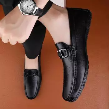 FashionGenuine Leather Fashion Shoes Men All-match Mens Breathable Loafers All-match Mens Slip on Footwear Classic Men Shoes Wedding 37 чёрный