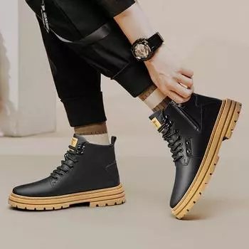 МодаНатуральная кожаМужские ботинкиМужские удобные низкие кроссовкиУниверсальная мужская повседневная обувь с боковой молниейМужские ботинки для мотокросса 37 чёрный