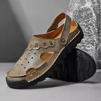 FashionGenuine Leather Male Summer Sandals Classic Roman Half Drag Outdoor Beach Rubber Slippers Quick Dry Mens Water Trekking Sandals 38 чёрный