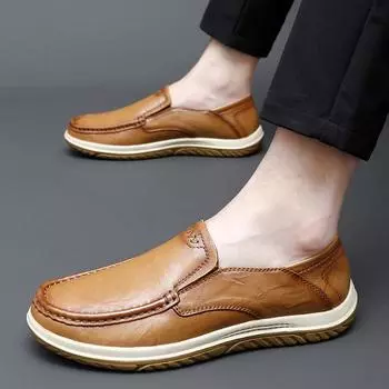 FashionGenuine Leather Men Casual Shoes Italian Mens Loafers Moccasins Breathable Slip on Male Driving Shoes Daily Office Formal Shoes 38 чёрный