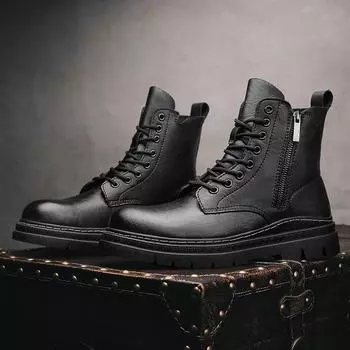 FashionGenuine Leather Men s Boot Thick Bottom Casual Boot Wear-Resistant Designer Motorcycle Boot Italian Side Zipper Men Formal Boots 39 чёрный