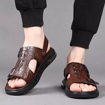 FashionGenuine Leather Men Sandals Summer Men s Sandals Slippers Outdoor Beach Casual Shoes Zapatos Hombre Durable Non-Slip Luxury Shoe 38 чёрный