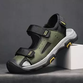 FashionGenuine Leather Men Summer Shoes New Large Size Mens Sandals Fashion Outdoor Anti-collision Toe Beach Flats Quick Dry Roma Shoes 38 чёрный