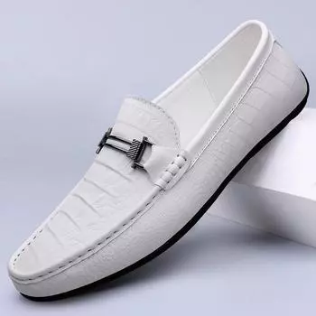 FashionGenuine Leather Men White Shoes Casual Luxury Brand Loafers Italian Moccasins Breathable Slip on Driving Shoes Chaussure Homme 38 чёрный