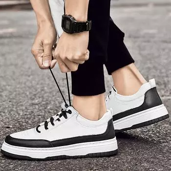 FashionGenuine Leather Mens Breathable Sneakers All-match Men Casual Shoes High Quality Outdoor Skate Shoes Men Lace-Up Men s Footwear 36 черный белый