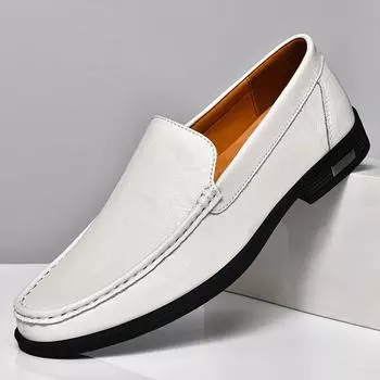 FashionGenuine Leather Mens Loafers New White Boat Shoes Casual Business Shoes Versatile Male Driving Footwear Classic Slip on Flats 37