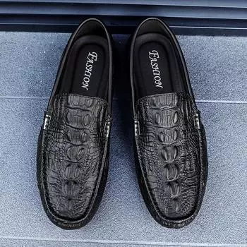 FashionGenuine Leather Mens Luxury Shoes Brand Crocodile Style Casual Dress Shoes High Quality Loafers Men Moccasin Driving Boat Shoe 38 чёрный