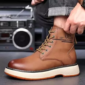 FashionGenuine Leather Mens Shoes Fashion All-match Men s Vintage Boots Male Platform High Quality Winter Boots Retro Motorcycle Boots 38 чёрный