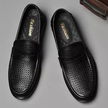 FashionGenuine Leather Mens Shoes Loafers Men Mocassin Flats Casual Shoes Slip-On Driving Shoes Hollow Out Luxury Business Gentleman 38