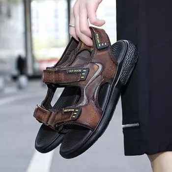 FashionGenuine Leather Mens Summer Sandals Breathable Fashion Outdoor Walking Casual Shoes Comfortable Non-Slip Beach Sandals Mocassin 38 чёрный