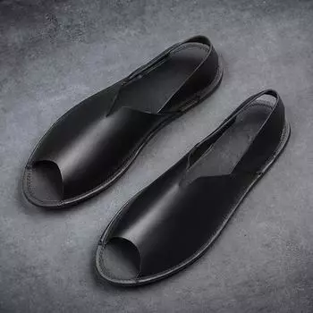 FashionGenuine Leather Mens Summer Shoes Breathable Cowhide Sandals for Men Handmade Beach Sandals Lightweight Outdoor Hollow Out Flats 38 чёрный