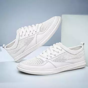 FashionGenuine Leather Shoes Men Sneakers Breathable Cow Leather Mens Casual Shoes Hollow Out Mesh Young Man Black White Male Footwear 37 чёрный