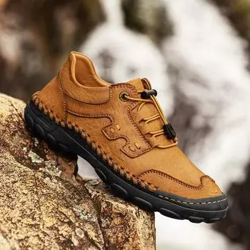 FashionHand-stitching Leather Men Casual Sneakers Comfty Driving Shoes Non-Slip Leisure Walk Hiking Shoes Travel Male Camping Footwear 38 чёрный