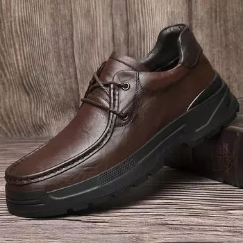 FashionHandmade Genuine Leather Men Shoes Casual Lace Up Oxford Shoes Hot Sale Mens Walking Flats Versatile Non-Slip Treking Footwear 38 чёрный