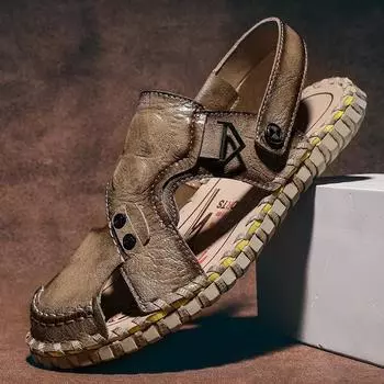 FashionHandmade Men s Summer Sandals Genuine Leather Beach Rubber Flip Flops Classic Roman Male Sandals Outdoor Dual-Purpose Slippers 39 чёрный