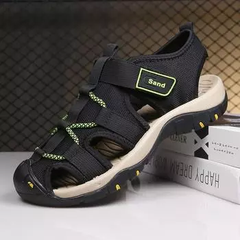 FashionHandmade Outdoor Sandals Mens Breathable Summer Shoes Antiskid Beach Footwear Collision Avoidance Hollow Shoes Casual Mesh Flats 38 чёрный