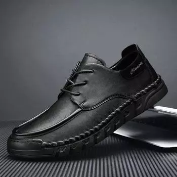 FashionHigh End Повседневная обувь из натуральной кожи Толстая подошва Износостойкие мужские деловые туфли Модные мужские туфли-оксфорды 39 чёрный