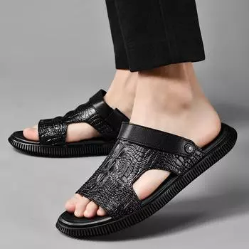 FashionHigh Quality Men Crocodile Pattern Fashionable Sandals Slippers Brand Men Outdoor Comfortable Breathable and Non Slip Slippers 38 чёрный