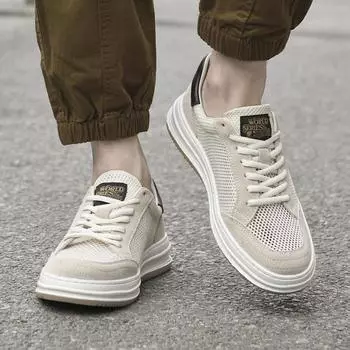 FashionHigh Quality Men s Fashionable Casual Mesh Leather Shoes Summer Outdoor Men s Breathable and Comfortable Lace Up Sports Shoes 38 бежевый