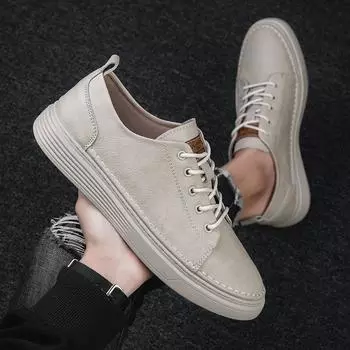 FashionHigh Quality Men s New Two Layer Cowhide Board Shoes 2024 Модные мужские уличные дышащие полые низкие мужские туфли на шнуровке 36 бежевый