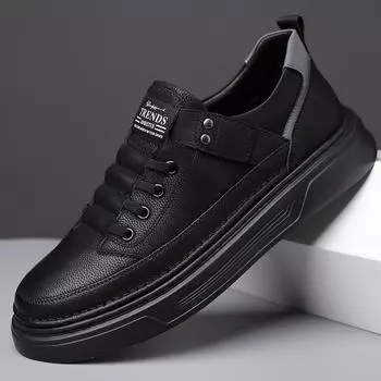 FashionHigh Quality Mens Casual Leather Shoes New Fashion Male Sneakers Handmade Lace-Up Vulcanize Shoes All-match Skateboard Footwear 38 чёрный