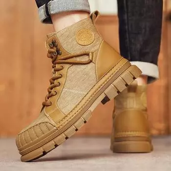 FashionHigh Top Men s Plush Snow Boots Men s Leather Walking Shoes Fashion Motorcycle Ankle Boots for Men Winter Boots Lace-Up Botas 39