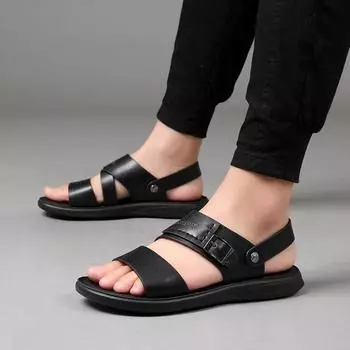 FashionHihg Quality Leather New Sandals Summer Baotou Casual Man Slippers Comfortable Slip on Male Sandals Outdoor Trekking Sandales 38 чёрный