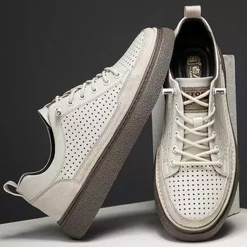 FashionHollow Out Men Casual Shoes Genuine Leather Sneakers Breathable Lace Up Footwear Comfort Man Skate Shoes Outdoor Vulcanize Shoes 37 бежевый