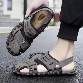 FashionHot Sale Летние мужские сандалии для отдыха на открытом воздухе Нескользящие мужские пляжные сандалии Ручной работы Кожаные мужские туфли Модные мужские кроссовки Большой размер 47 38 коричневый