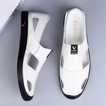 FashionHot Sale Summer Men s Sandals Genuine Leather Men s Beach Sandals Handmade Non-slip Men s Shoes Fashion Breathable Men Sneakers 37 чёрный