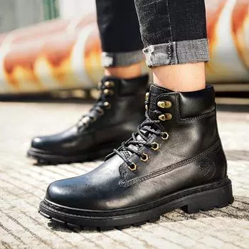 FashionLeather Men Boots lace up Outdoor Sports Non-slip High-top Hiking Shoes for Men Optional fashion Plush Winter Ankle Boots 6.5