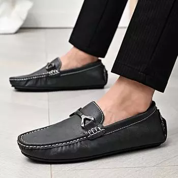 FashionLeather Men Casual Shoes slip on Soft Comfortable Loafers Men Retro Moccasins Italian Light Male Driving Shoes men moccasins 6.5 чёрный