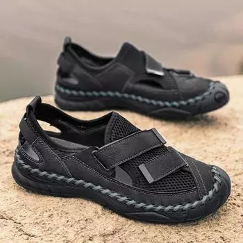 FashionLeather Men Casual Summer Shoes Classic Beach Luxury Sandals Outdoor Hollow Out Men Casual Shoes Breathable All-match Sandals 38 чёрный