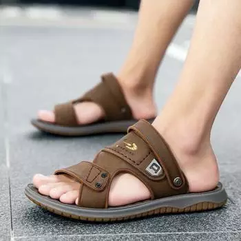 Модные кожаные мужские сандалии модные летние туфли мужские сандалии дышащие повседневные пляжные тапочки для отдыха на открытом воздухе дышащие забродные туфли мужские 6.5 чёрный