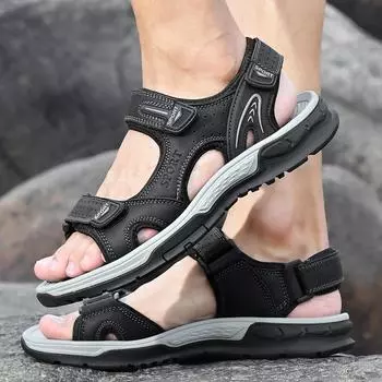 FashionLeather Men Sandals outdoor fashion Summer Shoes 2024 Mens Sandals Fashion Casual Outdoor Beach Slippers Breathable Wading Shoes 6.5 чёрный