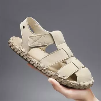 Модные кожаные мужские сандалии летние ручная работа дышащие мужские модные пляжные тапочки удобные мужские повседневные кроссовки для отдыха на открытом воздухе 7 бежевый