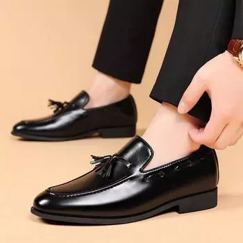 FashionLeather Men Shoes slip on fashion Casual Luxury Brand Formal Mens tassel Loafers Moccasins Italian Breathable Male Boat Shoes 38 чёрный