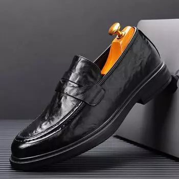 Модные кожаные туфли мужские слипоны модные кожаные нескользящие мягкие повседневные кожаные туфли с мягкой подошвой весна-осень мужские туфли мокасины 6.5 чёрный