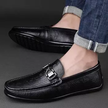 FashionLuxury Brand Metal Buckle Loafers Classic Genuine Leather Men Slip-on Driving Shoes Men Casual Shoes Moccasin Office Adult Shoes 38 чёрный