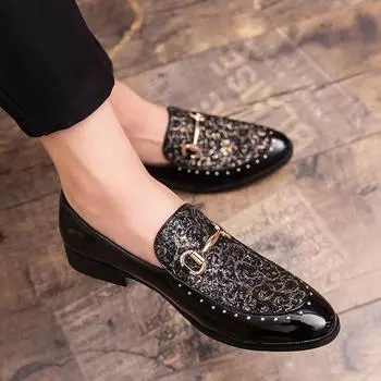 FashionLuxury Fashion Printed Flats Shoes patent leather British Style Oxfords Man Party Wedding Dress Formal Prom Loafers men 6.5 золотой