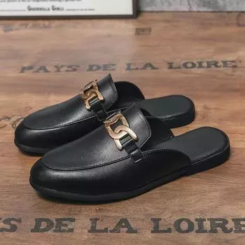 FashionLuxury Новые мужские мокасины с плоской подошвой, минималистичные офисные деловые туфли, хит продаж, кожаные тапочки, лето для мужчин 38 чёрный