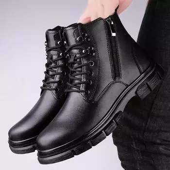 FashionMale High Top Walking Shoes All-match Male Motocross Boots Side Zipper Basic Boots Genuine Leather Men Winter Plush Snow Boots 38